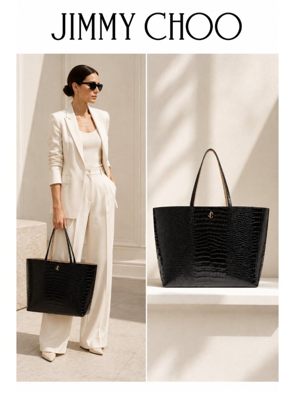 Jimmy Choo Black Croc Embossed Leather Large Tote Bag Gold JC Logo Luxury